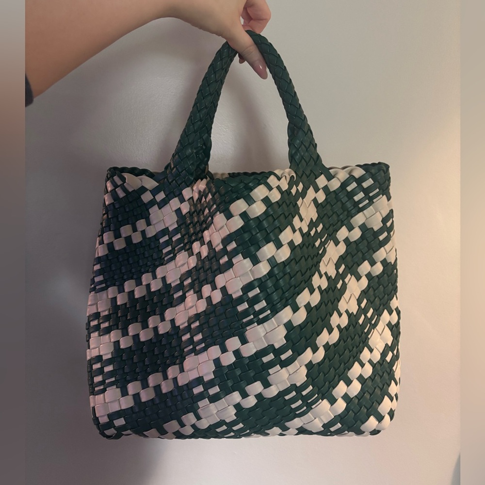 Anthropologie Green and White Woven Tote Bag